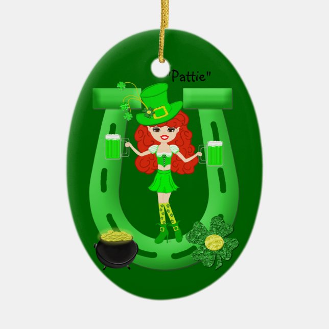 St Pat's Day Redhead Girl Leprechaun Ceramic Tree Decoration (Front)