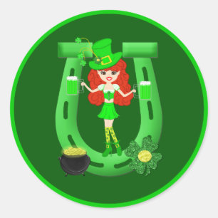 St Pat's Day Redhead Girl Leprechaun Classic Round Sticker