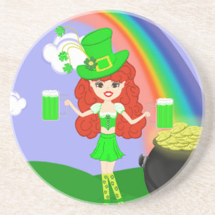 St Pat's Day Redhead Girl Leprechaun with Rainbow Coaster