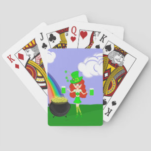 St Pat's Day Redhead Girl Leprechaun with Rainbow Playing Cards