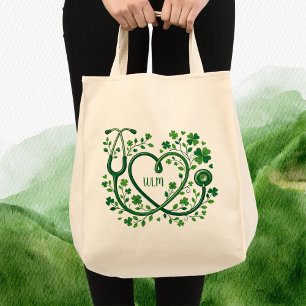 St Pattys Heart Clover Stethoscope Nurses Initials Tote Bag