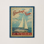 St. Petersburg Sailboat Vintage Travel Florida Jigsaw Puzzle<br><div class="desc">This Greetings From St. Petersburg Florida vintage travel nautical design features a boat sailing on the water with seagulls and a blue sky filled with gorgeous puffy white clouds.</div>