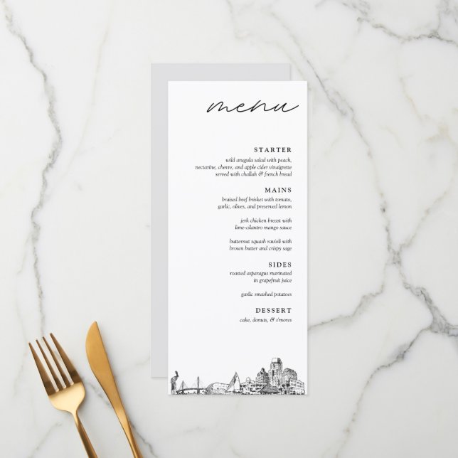 St. Petersburg Skyline Modern Wedding Dinner Menu (Front/Back In Situ)