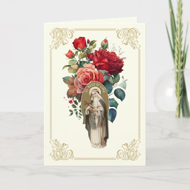 St. Rose of Lima Red Rose Bouquet Religious Thank You Card (Front)