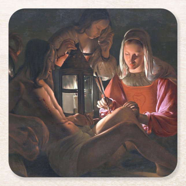 St. Sebastian Embraced by Irene, La Tour Square Paper Coaster (Front)