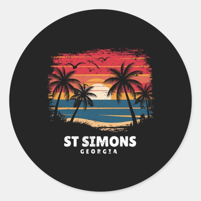St Simons Beach Georgia Surfboarder Palm Tree Souv Classic Round Sticker (Front)