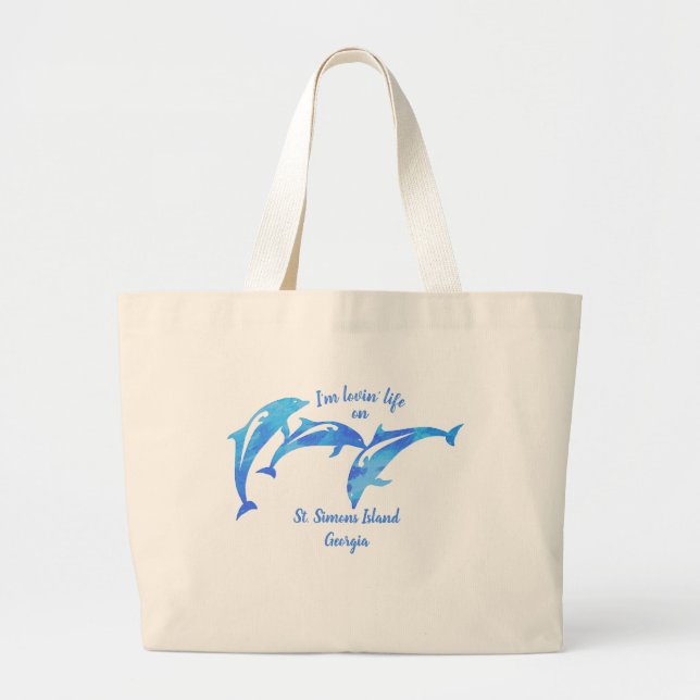 St. Simons Island GA playful dolphins Large Tote Bag (Front)