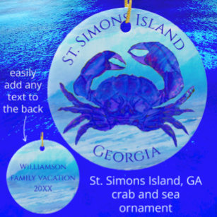 St Simons Island, Georgia Crab and Ocean Waves Ceramic Tree Decoration