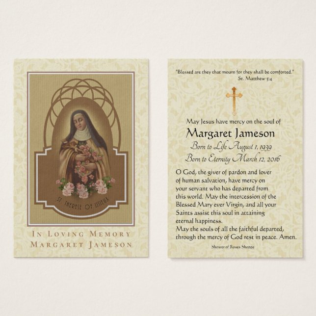 St. Therese Catholic Funeral Memorial Holy Card - (Front & Back)
