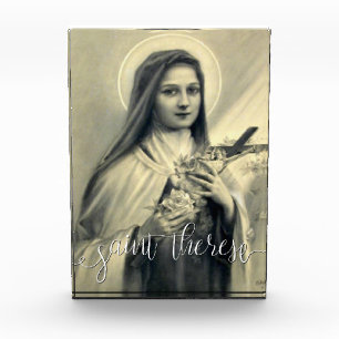 St. Therese Little Flower   White Script Overlay Photo Block
