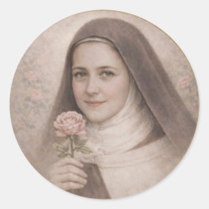 St. Therese of Lisieux holding pink rose Classic Round Sticker