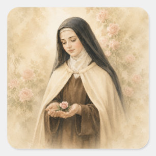 St. Thérèse of Lisieux Watercolor Rose Catholic Square Sticker
