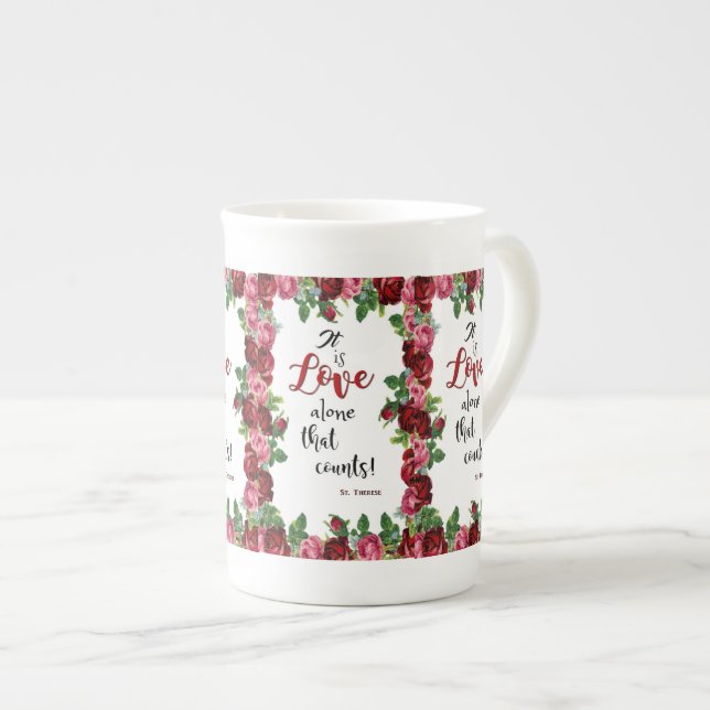 St. Therese Quote Red Roses Pink Floral Bone China Mug (Front Right)