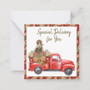 St. Therese Religious Red Truck Roses Vintage Card