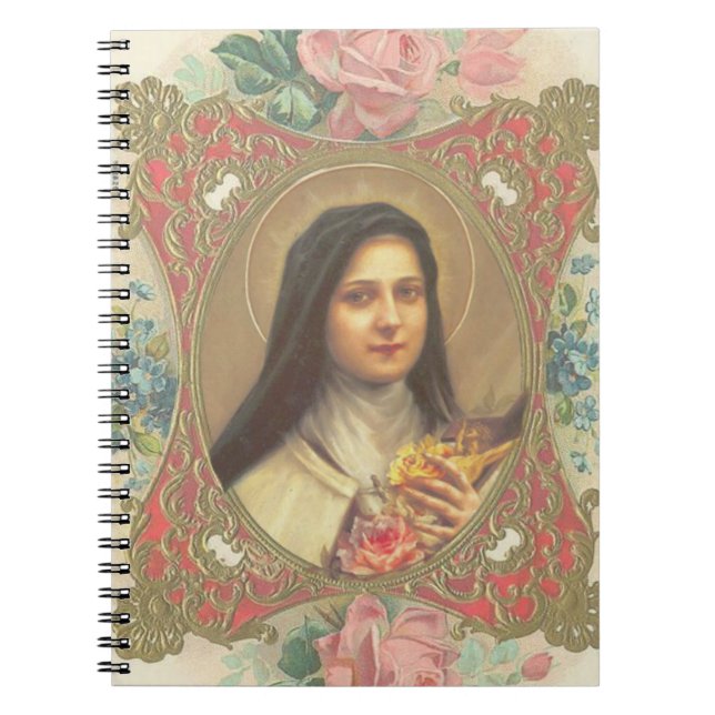 St. Therese Roses & Crucifix Decorative Border Spiral Notebook (Front)