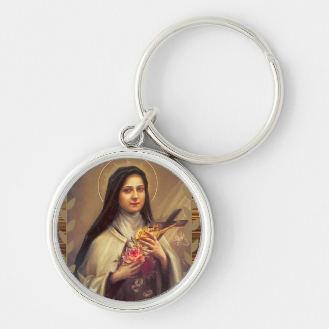 St. Therese the Little Flower Pink Roses Crucifix Key Ring (Front)