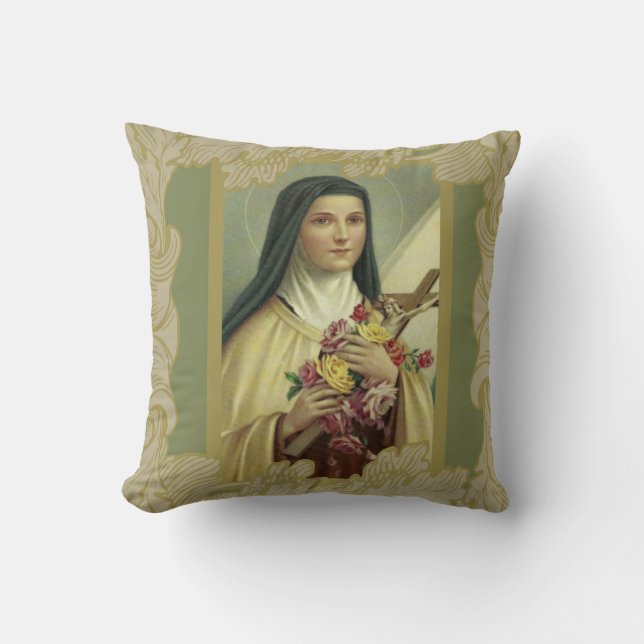 St. Therese the Little Flower w/pink roses Green Cushion (Front)