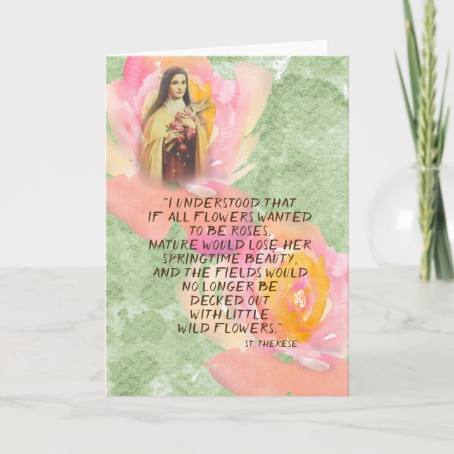 St. Therese Watercolor Pink Roses Quote Card (Front)