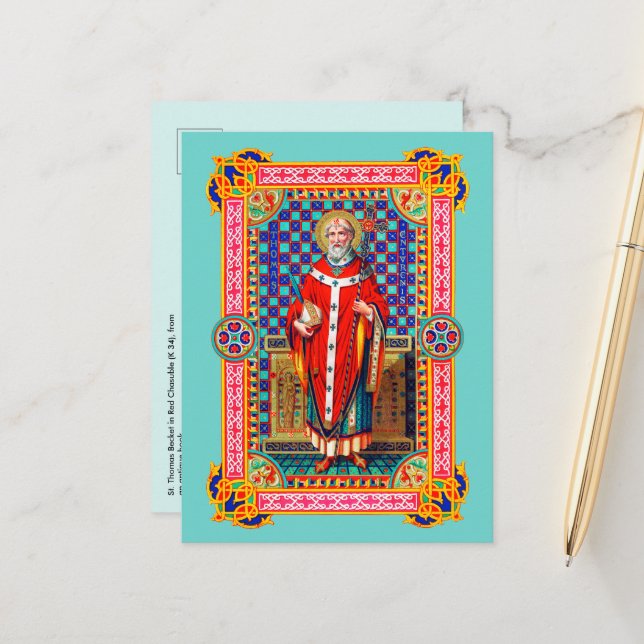 St. Thomas Becket in Red Chasuble (K 34) Postcard (Front/Back In Situ)