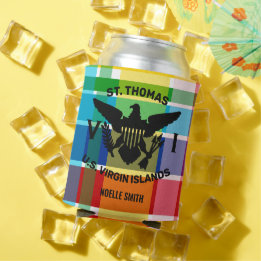 St. Thomas U.S. Virgin Islands Flag (Black) Madras Can Cooler