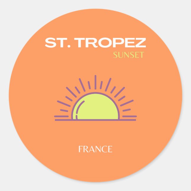 St Tropez, France, Sunset, Travel Art, Orange Classic Round Sticker (Front)