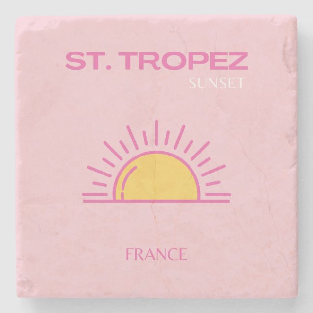 St Tropez, France, Sunset, Travel Art, Pink Stone Coaster (Front)