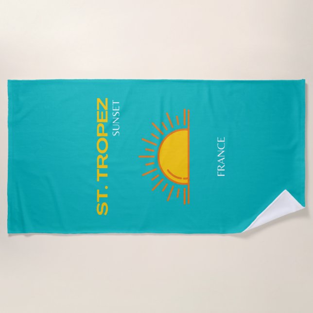 St Tropez, Sunset, Travel Art, Turquoise Beach Towel (Front)