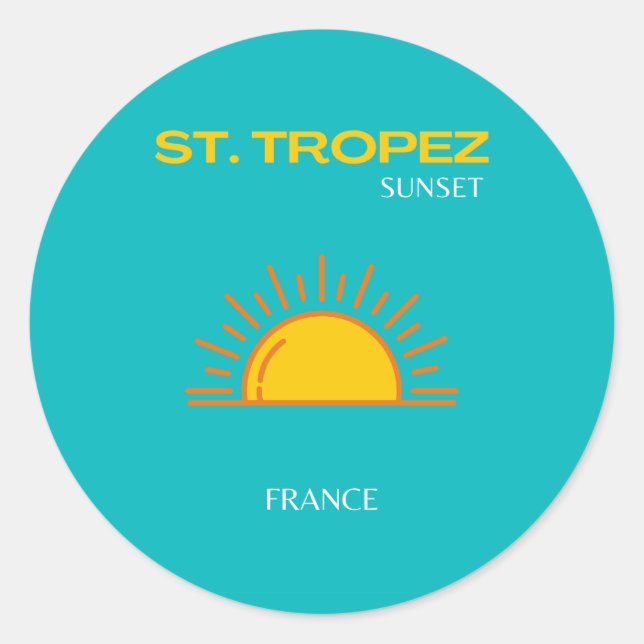 St Tropez, Sunset, Travel Art, Turquoise Classic Round Sticker (Front)