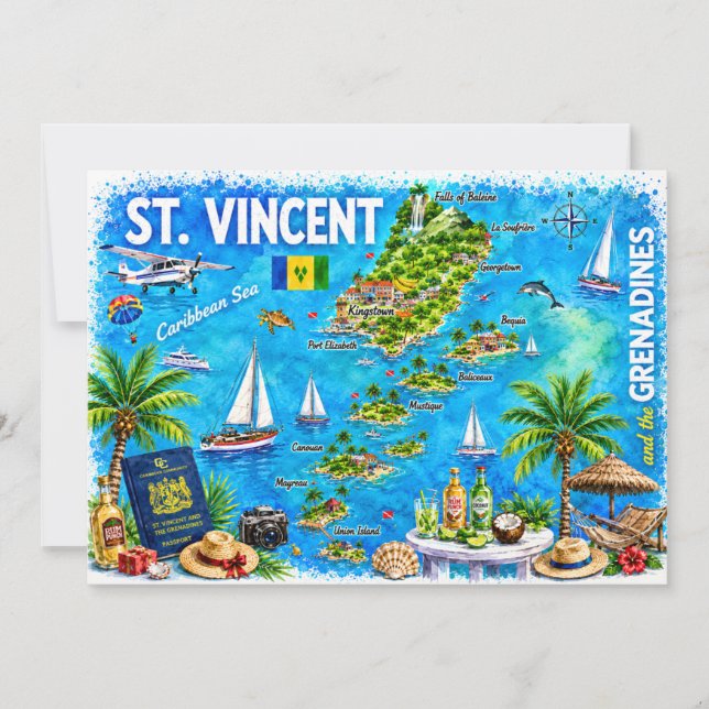 St Vincent Grenadines Illustrated Map Postcard (Front)