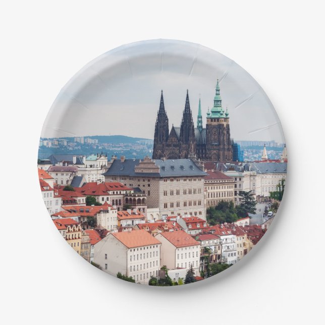 St. Vitus Cathedral and Prague Cityscape - Czech R Paper Plate (Front)