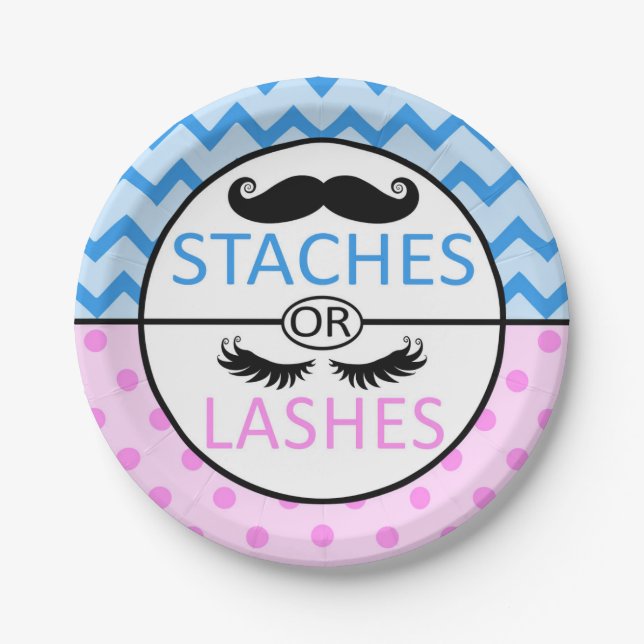 Staches or Lashes gender reveal party paper plates (Front)