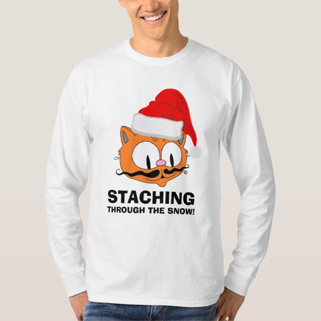 STACHING THROUGH THE SNOW Moustache Humour Cat T-Shirt (Front)