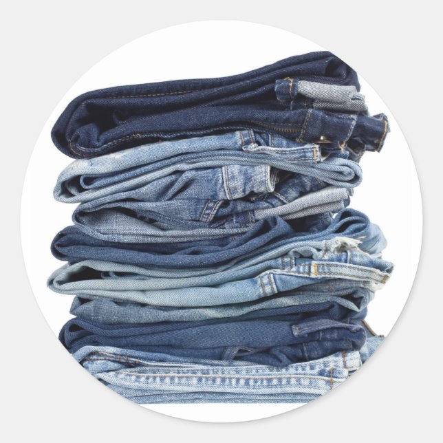 Stack of blue jeans classic round sticker (Front)