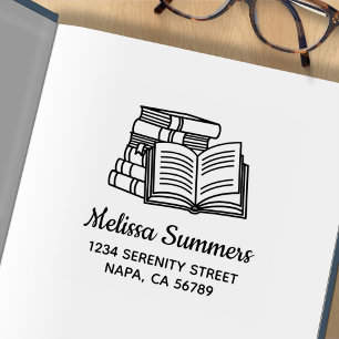 Stack of Books and Open Book Address Rubber Stamp