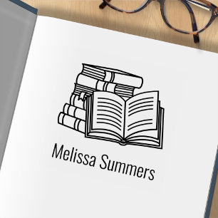 Stack of Books and Open Book - Bookplate Rubber Stamp