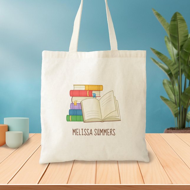 Stack of Books and Open Book Custom Name Tote Bag (Creator Uploaded)