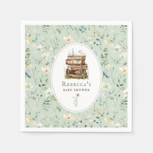 Stack of books baby shower watercolor, wildflower napkin