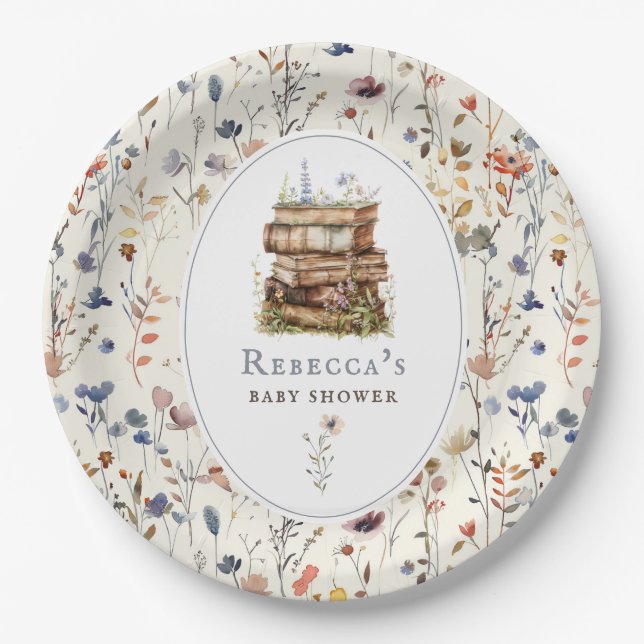 Stack of books baby shower watercolor, wildflower paper plate (Front)