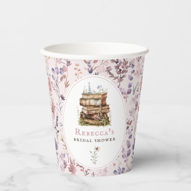 Stack of books bridal shower watercolor wildflower paper cups (Front)