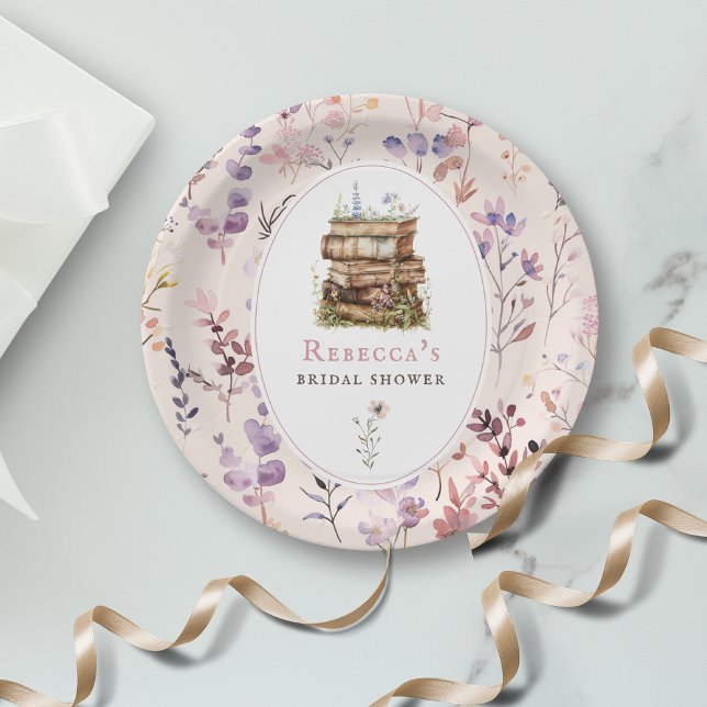Stack of books bridal shower watercolor wildflower paper plate (Creator Uploaded)