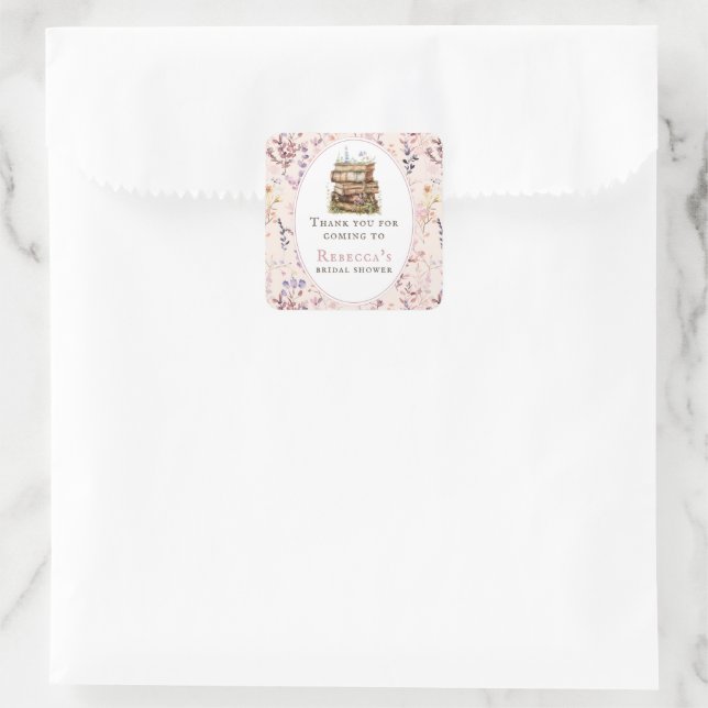 Stack of books bridal shower watercolor wildflower square sticker (Bag)