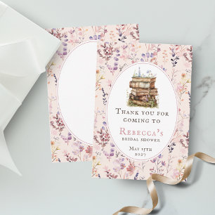 Stack of books bridal shower watercolor wildflower thank you card