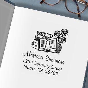 Stack of Books, Open Book, Flowers - Address Self-inking Stamp