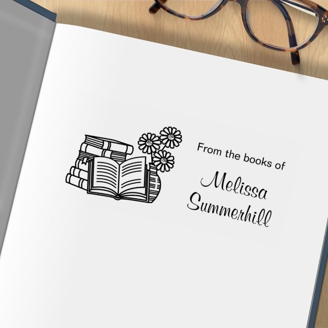 Stack of Books, Open Book, Flowers - Bookplate Rubber Stamp (Creator Uploaded)