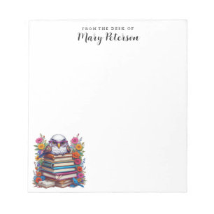 Stack Of Books Owl Colourful Flowers Personalised Notepad
