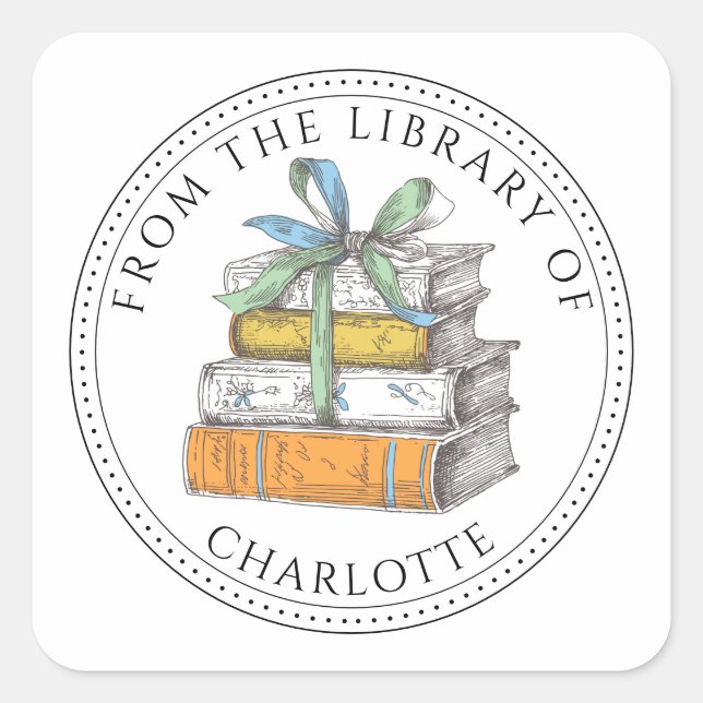 Stack of Books Personalized Bookplate Square Sticker (Front)
