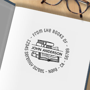 Stack of Books Round Address Bookplate 2 Rubber Stamp