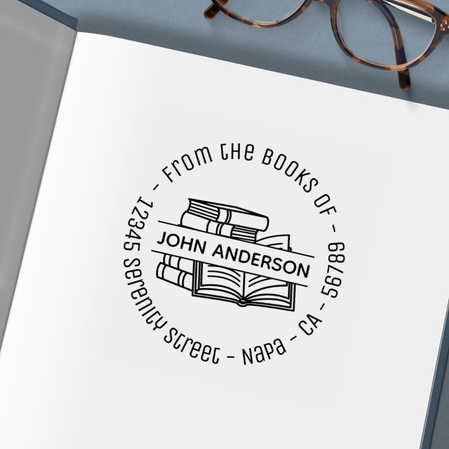 Stack of Books Round Address Bookplate Self-inking Stamp (Creator Uploaded)