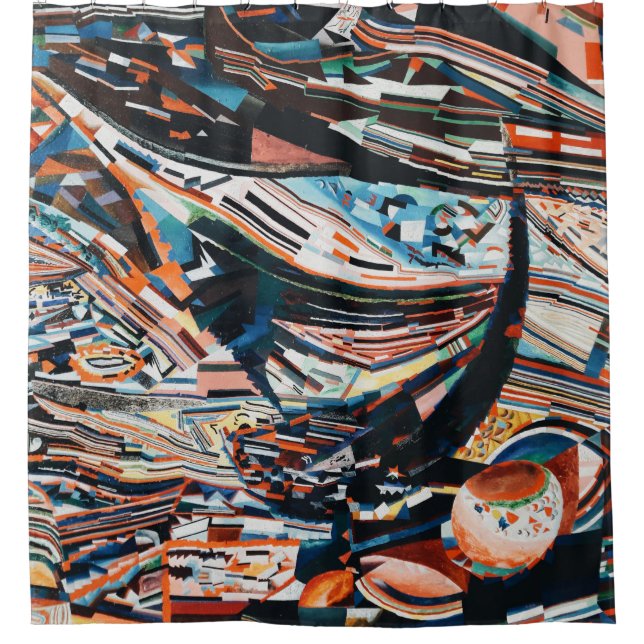 Stack of brown and blue wooden boat lot shower curtain (Front)