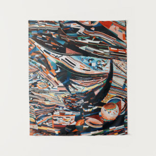 Stack of brown and blue wooden boat lot tapestry